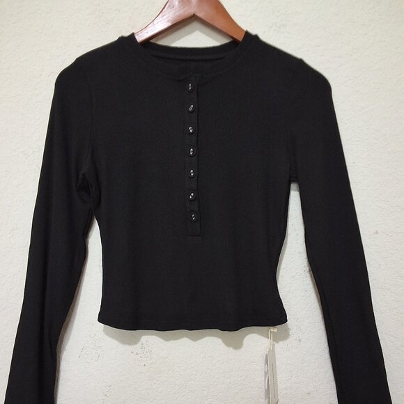 Commense Black Ribbed Long Sleeve Button-Up Henley Top XL 95% Cotton 5% Elastane - Picture 8 of 8